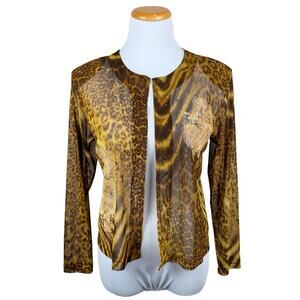 Vintage Amber Dawn Mesh Cardigan Brown Animal Print Cats Rhinestones Women's M